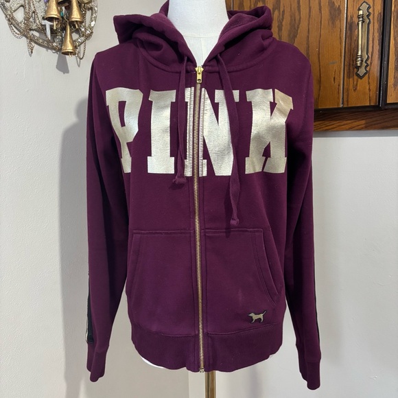 PINK Victoria's Secret Tops - Victoria's Secret PINK Zip up Dog Logo Hoodie Jacket Gold Print Size Medium